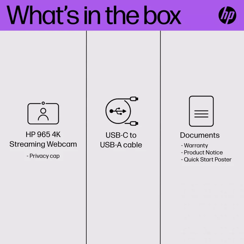 HP 965 4K srautinė internetinė kamera, 8 MP, 3840 x 2160 pikselių, Full HD, 60 kadrų/s, 1280x720@30fps, 1280x720@60fps, 1920x1080@30fps, 1920x1080@60fps, 3840x2160@30fps, USB