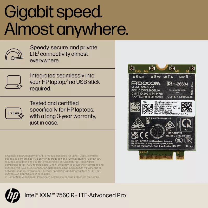 HP XMM 7560 R+ LTE-Advanced Pro WWAN modulis, verslui, Kinija, -20 - 65 °C, -40 - 85 °C, Windows 10, Windows 11, 42 mm