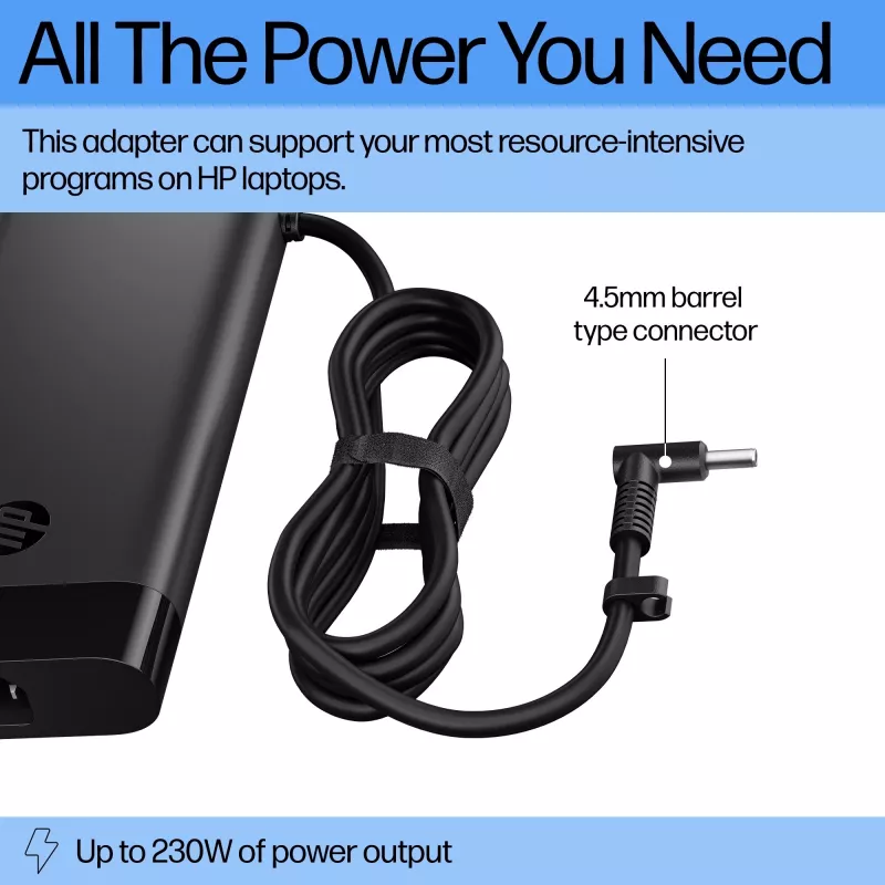 HP Smart 230 W maitinimo blokas (AQ9X8AA) laptopams, skirtas naudoti patalpose, įėjimas 115 V, 4,5 mm jungtis, europinis kištukas, juodas
