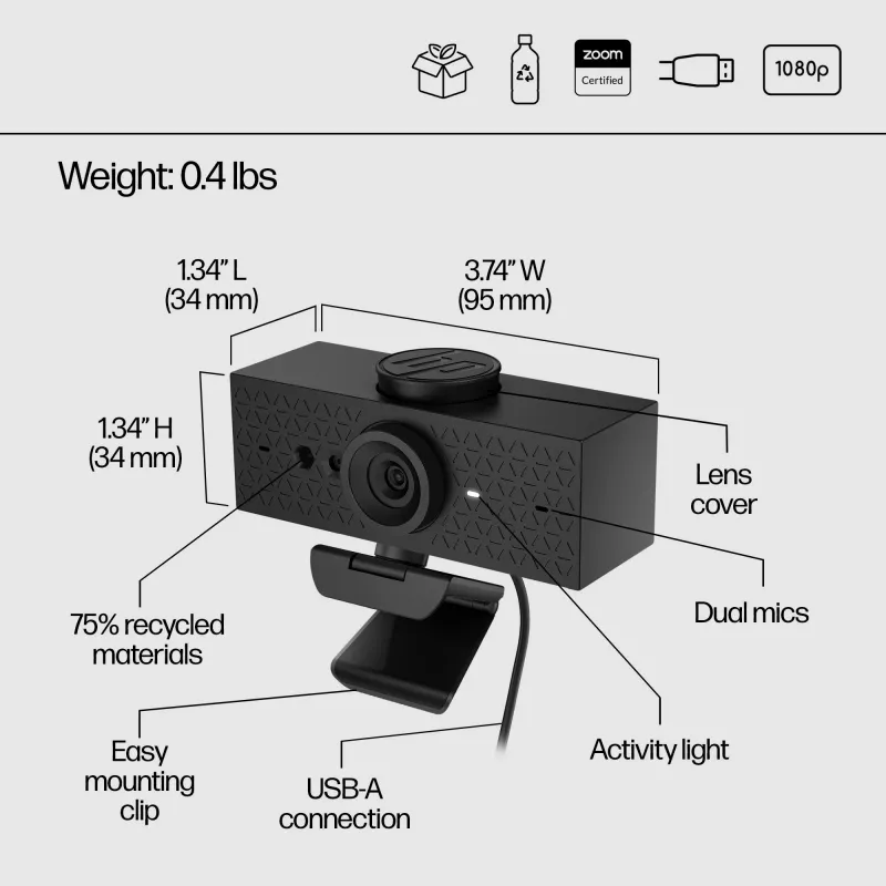 HP 620 FHD internetinė kamera, 4 MP, 1920 x 1080 pikselių, Full HD, 60 kadrų/s, 720p, 1080p, 5x