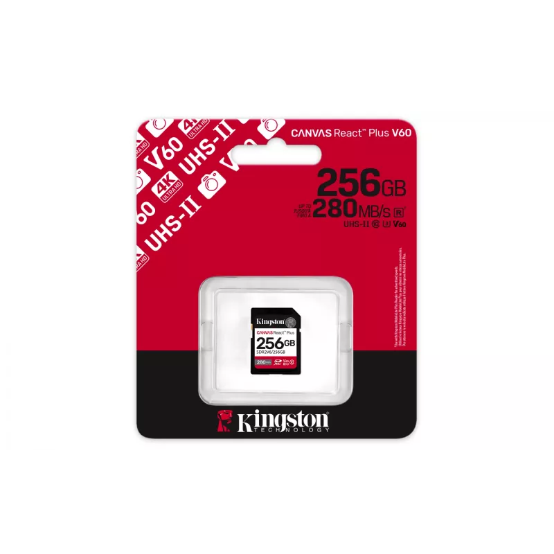 Kingston Canvas React Plus 256 GB SDXC UHS-II 280R/150W U3 V60 atminties kortelė Full HD/4K