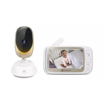 Vaizdo kamera Motorola VM85 CONNECT – 5 colių TFT ekranas, 480×272, 300 m nuotolis, 2× skaitmeninis priartinimas, 2,4 GHz Wi‑Fi/FHSS, dvipusis garsas, balta