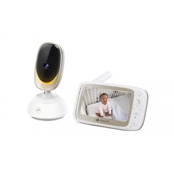 Vaizdo kamera Motorola VM85 CONNECT – 5 colių TFT ekranas, 480×272, 300 m nuotolis, 2× skaitmeninis priartinimas, 2,4 GHz Wi‑Fi/FHSS, dvipusis garsas, balta