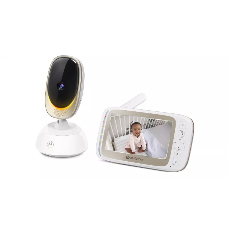 Vaizdo kamera Motorola VM85 CONNECT – 5 colių TFT ekranas, 480×272, 300 m nuotolis, 2× skaitmeninis priartinimas, 2,4 GHz Wi‑Fi/FHSS, dvipusis garsas, balta