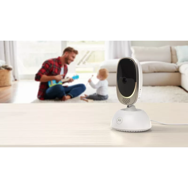 Vaizdo kamera Motorola VM85 CONNECT – 5 colių TFT ekranas, 480×272, 300 m nuotolis, 2× skaitmeninis priartinimas, 2,4 GHz Wi‑Fi/FHSS, dvipusis garsas, balta