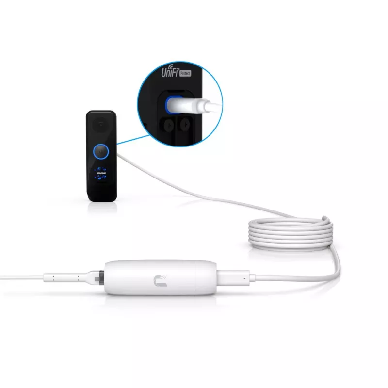 PoE adapteris UBIQUITI UACC-ADAPTER-POE-USBC — 48V įvestis, 5V 0,25A išvestis, kompaktiškas 30,4×30,4×95 mm, baltas
