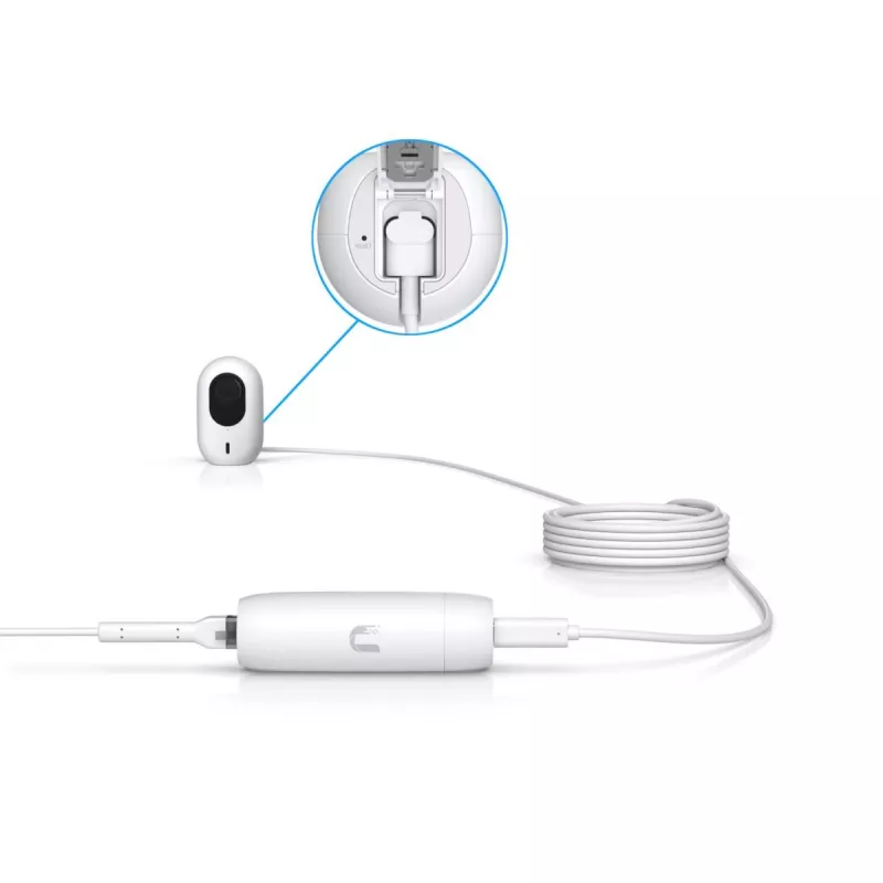 PoE adapteris UBIQUITI UACC-ADAPTER-POE-USBC — 48V įvestis, 5V 0,25A išvestis, kompaktiškas 30,4×30,4×95 mm, baltas