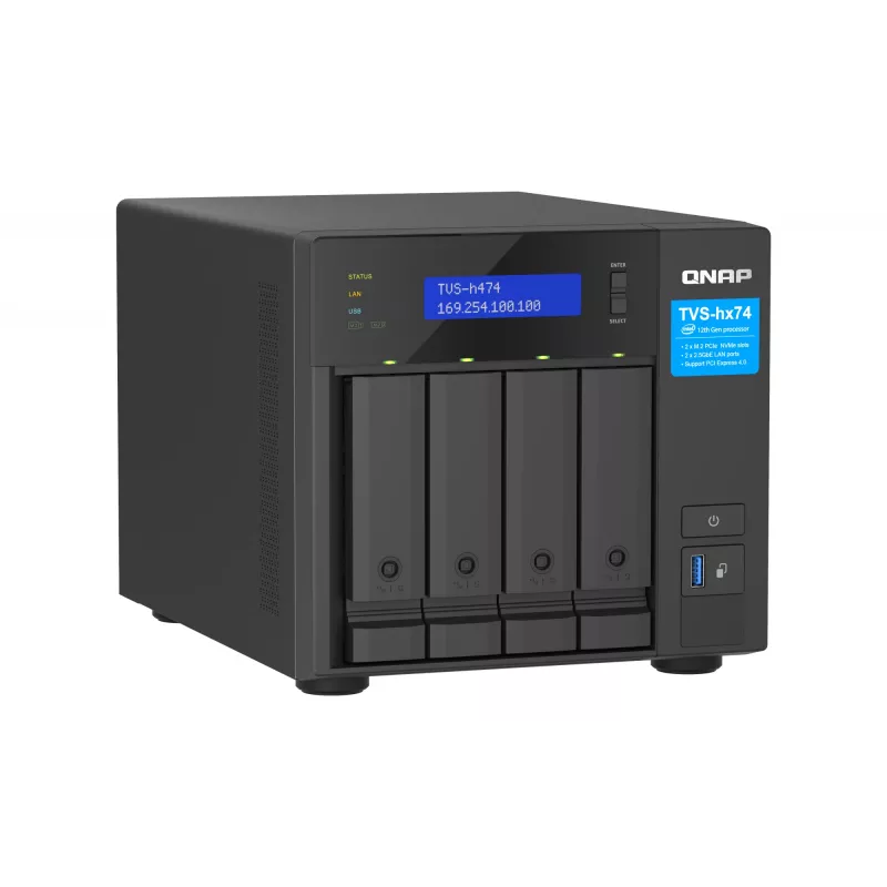QNAP TVS-H474 NAS bokštinis Intel® Pentium® G7400 8 GB DDR4 0 TB QuTS hero Juoda
