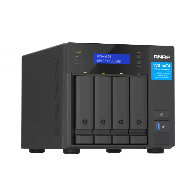 QNAP TVS-H474 NAS bokštinis Intel® Pentium® G7400 8 GB DDR4 0 TB QuTS hero Juoda