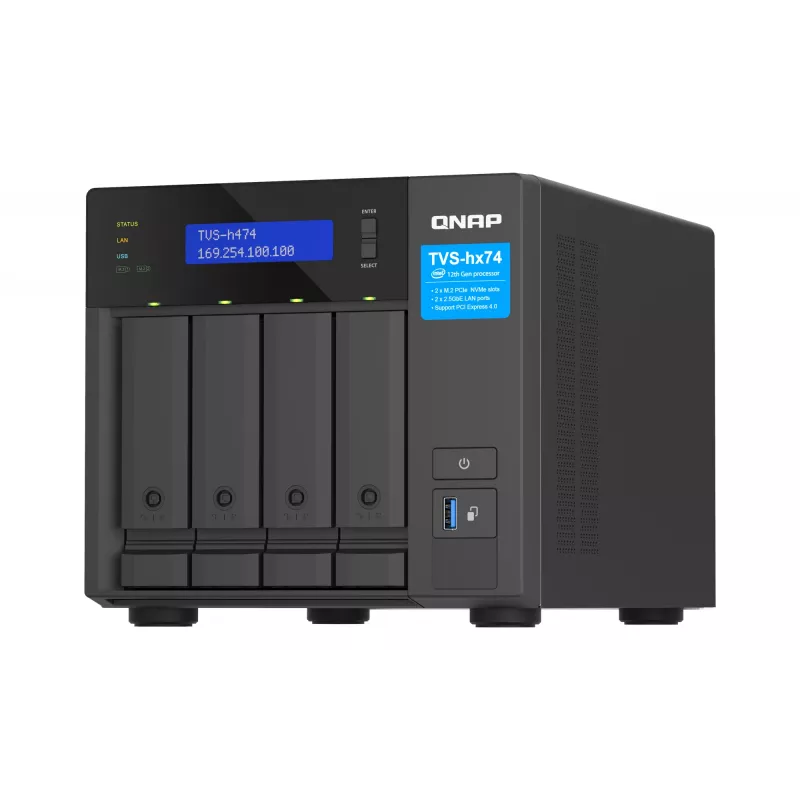 QNAP TVS-H474 NAS bokštinis Intel® Pentium® G7400 8 GB DDR4 0 TB QuTS hero Juoda