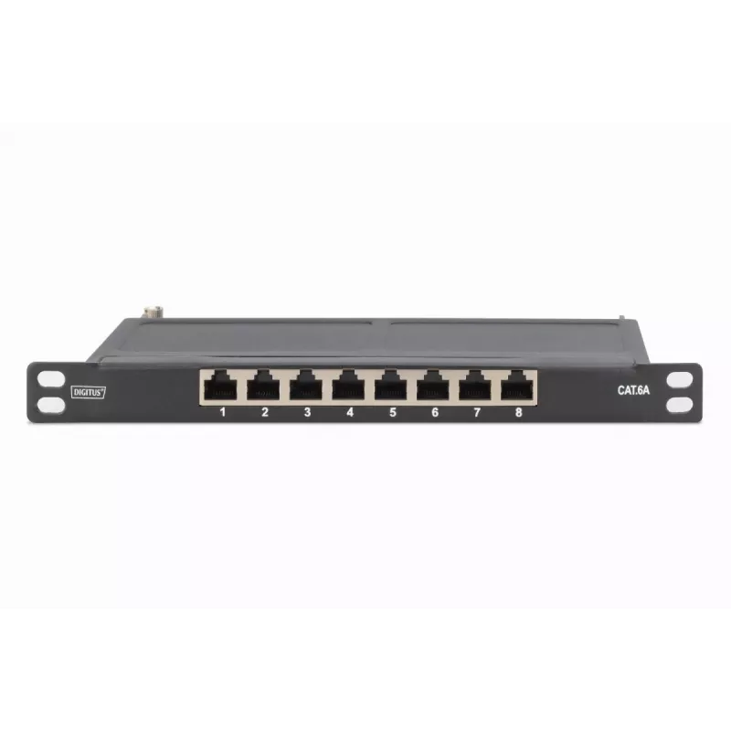 DIGITUS CAT6A ekranuotas 8 prievadų skirstomasis skydas, 1/2U, 10 colių stovo montavimui, juodas RAL 9005