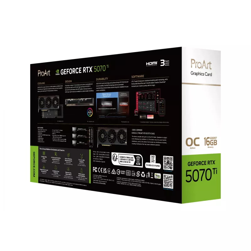 Vaizdo plokštė ASUS ProArt GeForce RTX 5070 Ti 16 GB GDDR7, PCIe 5.0, 256 bitų, 304 mm, 3 ventiliatoriai