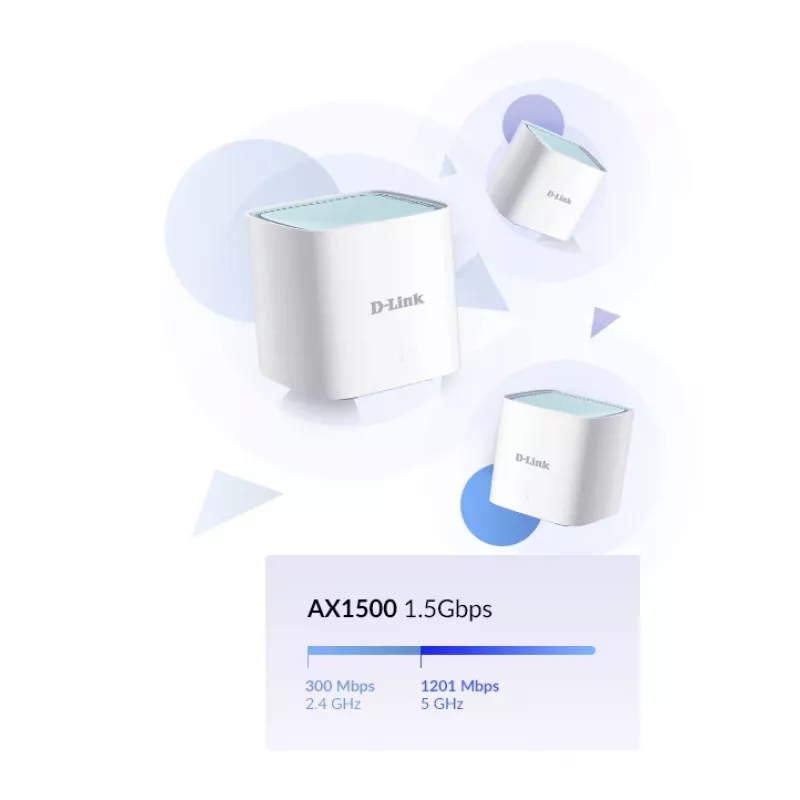 D-Link EAGLE PRO AI AX1500 Mesh sistema - 3 vnt., balta, vidinis, Tinklo sistema, Maitinimo, Būsenos, 500 m², Dviejų juostų (2,4 GHz / 5 GHz)