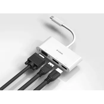 D-Link 3-in-1 USB-C į HDMI/VGA/DisplayPort adapteris, laidinis, USB 3.2 Gen 1 (3.1 Gen 1) Type-C, baltas