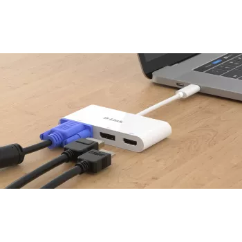 D-Link 3-in-1 USB-C į HDMI/VGA/DisplayPort adapteris, laidinis, USB 3.2 Gen 1 (3.1 Gen 1) Type-C, baltas