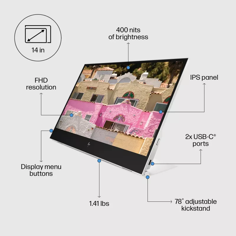 Nešiojamas monitorius HP E-Series E14 G4, 35,6 cm (14 inch), 1920 x 1080, Full HD, LCD, 5 ms, sidabrinis