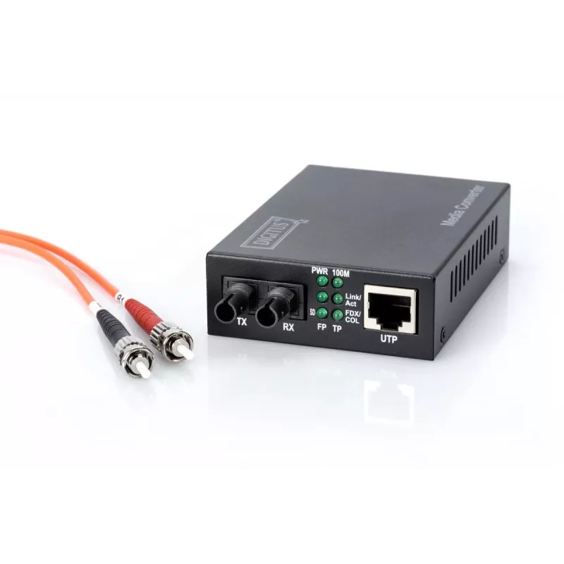 DIGITUS Media Converter, daugiamodis 10/100Base-TX į 100Base-FX, su maitinimo bloku, ST jungtis, iki 2 km