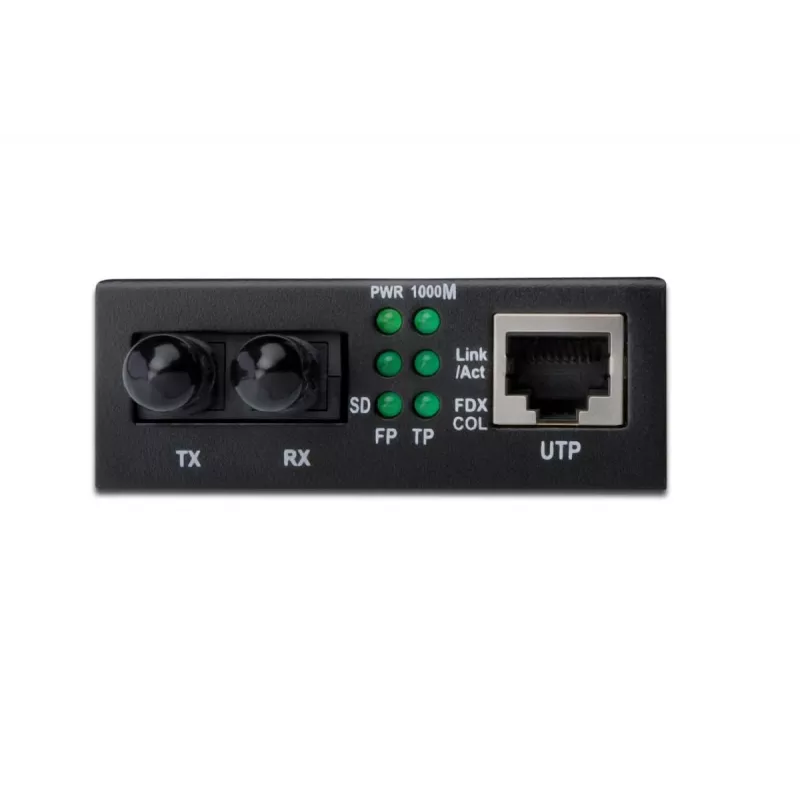 DIGITUS Media Converter, daugiamodis 10/100Base-TX į 100Base-FX, su maitinimo bloku, ST jungtis, iki 2 km