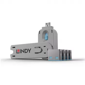 Lindy USB prievadų blokavimo rinkinys – 4 vnt., mėlyni USB-A kištukai su raktu