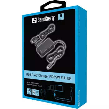 Sandberg 135-76 USB-C tinklo adapteris PD65W EU+UK, 65 W, 3,25 A, 100-240 V, 1,8 m kabelis