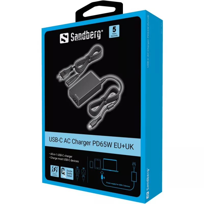 Sandberg USB-C AC įkroviklis PD65W EU+UK, universalus, vidaus, 230 V, 65 W, AC-DC, juodas