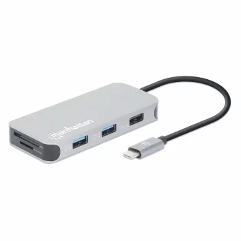 Manhattan USB-C dokų stotelė / šakotuvas su kortelių skaitytuvu, 6 prievadai: Ethernet, HDMI, USB-A (x3) ir USB-C, su 100 W galios tiekimu USB-C prievadui (reikalingas papildomas USB-C sieninis įkroviklis ir USB-C laidas), universalus visiems įrenginiams,