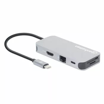 Manhattan USB-C dokų stotelė / šakotuvas su kortelių skaitytuvu, 6 prievadai: Ethernet, HDMI, USB-A (x3) ir USB-C, su 100 W galios tiekimu USB-C prievadui (reikalingas papildomas USB-C sieninis įkroviklis ir USB-C laidas), universalus visiems įrenginiams,