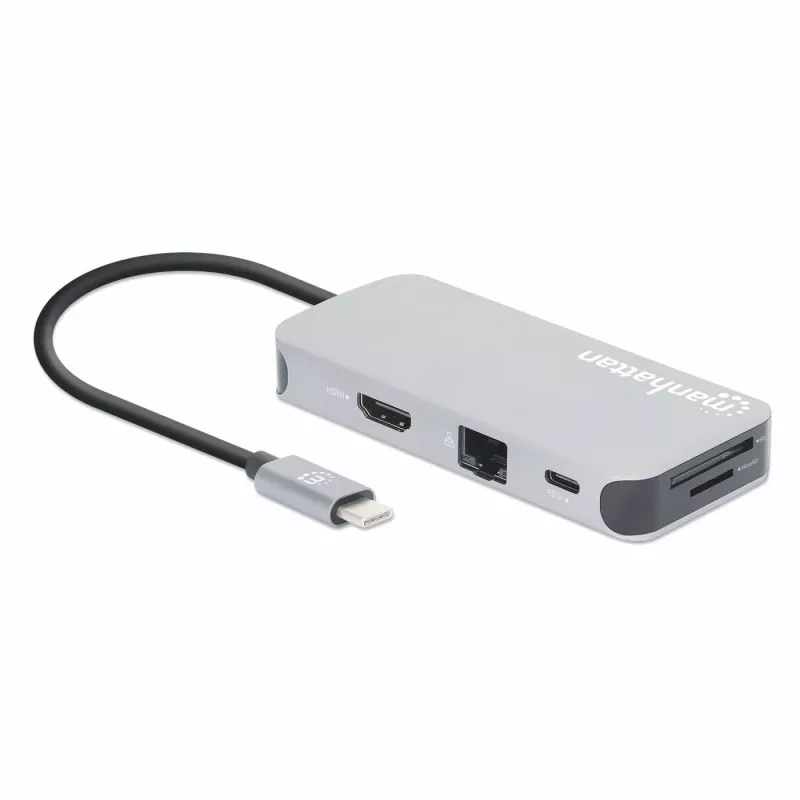 Manhattan USB-C dokų stotelė / šakotuvas su kortelių skaitytuvu, 6 prievadai: Ethernet, HDMI, USB-A (x3) ir USB-C, su 100 W galios tiekimu USB-C prievadui (reikalingas papildomas USB-C sieninis įkroviklis ir USB-C laidas), universalus visiems įrenginiams,