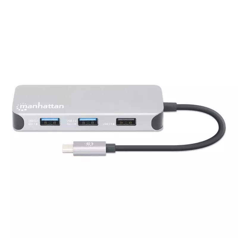 Manhattan USB-C dokų stotelė / šakotuvas su kortelių skaitytuvu, 6 prievadai: Ethernet, HDMI, USB-A (x3) ir USB-C, su 100 W galios tiekimu USB-C prievadui (reikalingas papildomas USB-C sieninis įkroviklis ir USB-C laidas), universalus visiems įrenginiams,