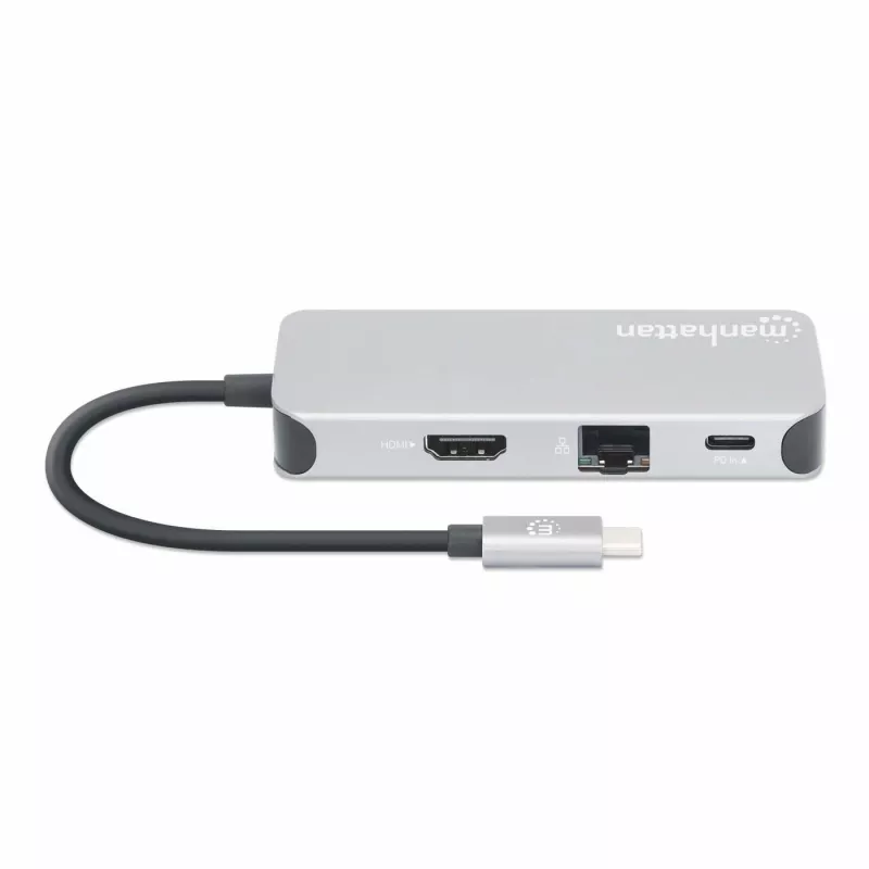 Manhattan USB-C dokų stotelė / šakotuvas su kortelių skaitytuvu, 6 prievadai: Ethernet, HDMI, USB-A (x3) ir USB-C, su 100 W galios tiekimu USB-C prievadui (reikalingas papildomas USB-C sieninis įkroviklis ir USB-C laidas), universalus visiems įrenginiams,