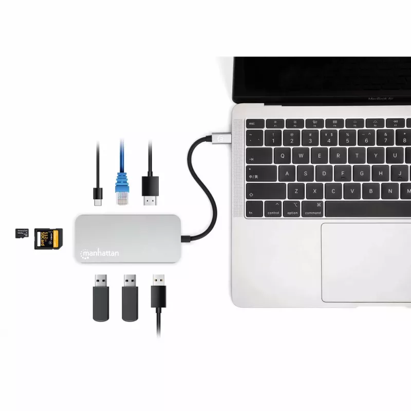 Manhattan USB-C dokų stotelė / šakotuvas su kortelių skaitytuvu, 6 prievadai: Ethernet, HDMI, USB-A (x3) ir USB-C, su 100 W galios tiekimu USB-C prievadui (reikalingas papildomas USB-C sieninis įkroviklis ir USB-C laidas), universalus visiems įrenginiams,