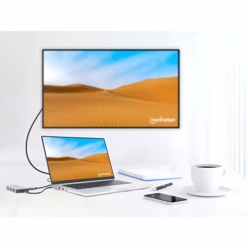 Manhattan USB-C dokų stotelė / šakotuvas su kortelių skaitytuvu, 6 prievadai: Ethernet, HDMI, USB-A (x3) ir USB-C, su 100 W galios tiekimu USB-C prievadui (reikalingas papildomas USB-C sieninis įkroviklis ir USB-C laidas), universalus visiems įrenginiams,