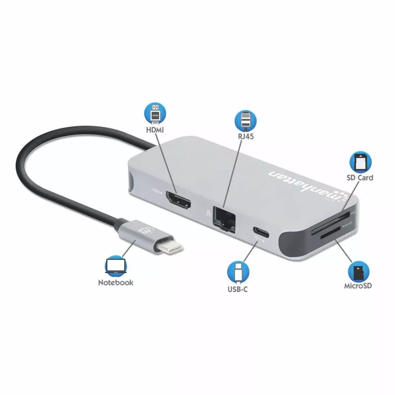 Manhattan USB-C dokų stotelė / šakotuvas su kortelių skaitytuvu, 6 prievadai: Ethernet, HDMI, USB-A (x3) ir USB-C, su 100 W galios tiekimu USB-C prievadui (reikalingas papildomas USB-C sieninis įkroviklis ir USB-C laidas), universalus visiems įrenginiams,