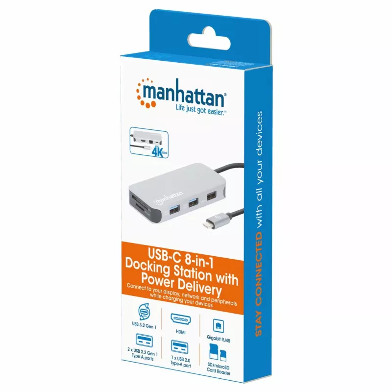 Manhattan USB-C dokų stotelė / šakotuvas su kortelių skaitytuvu, 6 prievadai: Ethernet, HDMI, USB-A (x3) ir USB-C, su 100 W galios tiekimu USB-C prievadui (reikalingas papildomas USB-C sieninis įkroviklis ir USB-C laidas), universalus visiems įrenginiams,