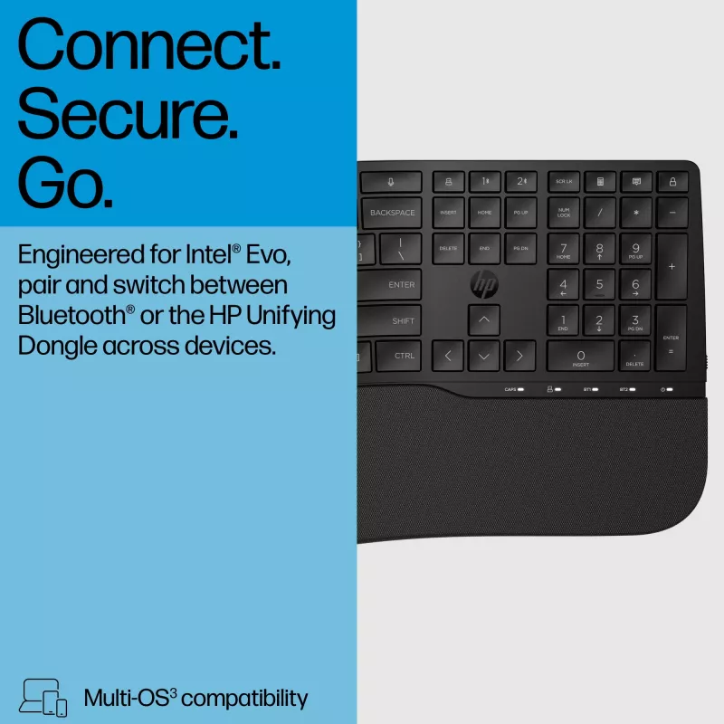 HP 685 Comfort Dual-Mode klaviatūra, QWERTY, pilno dydžio (100%), belaidė, RF Wireless + Bluetooth, membraninė, QWERTY, juoda