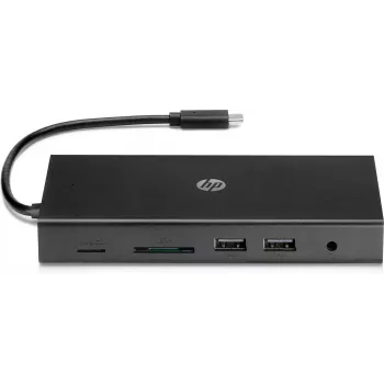 USB-C kelių prievadų stotelė HP Travel – HP 1C1Y5AA, USB-C pagrindinė, HDMI 2.0, VGA, 1×RJ-45, 2×USB-A 3.2 Gen1, 2×USB 2.0, MicroSD skaitytuvas, Juoda