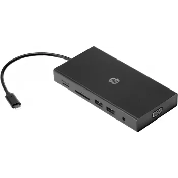 USB-C kelių prievadų stotelė HP Travel – HP 1C1Y5AA, USB-C pagrindinė, HDMI 2.0, VGA, 1×RJ-45, 2×USB-A 3.2 Gen1, 2×USB 2.0, MicroSD skaitytuvas, Juoda