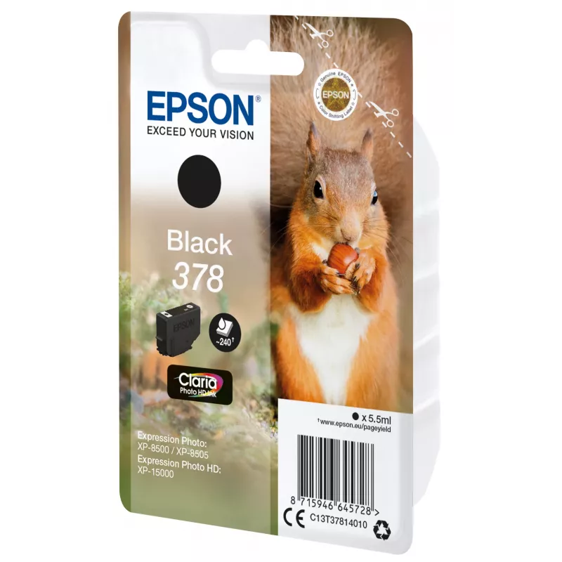Epson Squirrel vienetinis pakuotė juoda 378 Claria Photo HD rašalas, standartinė talpa, juoda, pigmentinis rašalas, 5,5 ml, 1 vnt., 240 puslapių