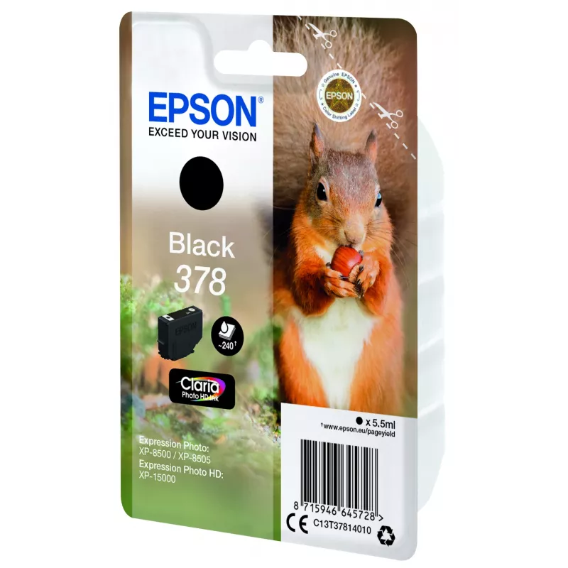Epson Squirrel vienetinis pakuotė juoda 378 Claria Photo HD rašalas, standartinė talpa, juoda, pigmentinis rašalas, 5,5 ml, 1 vnt., 240 puslapių