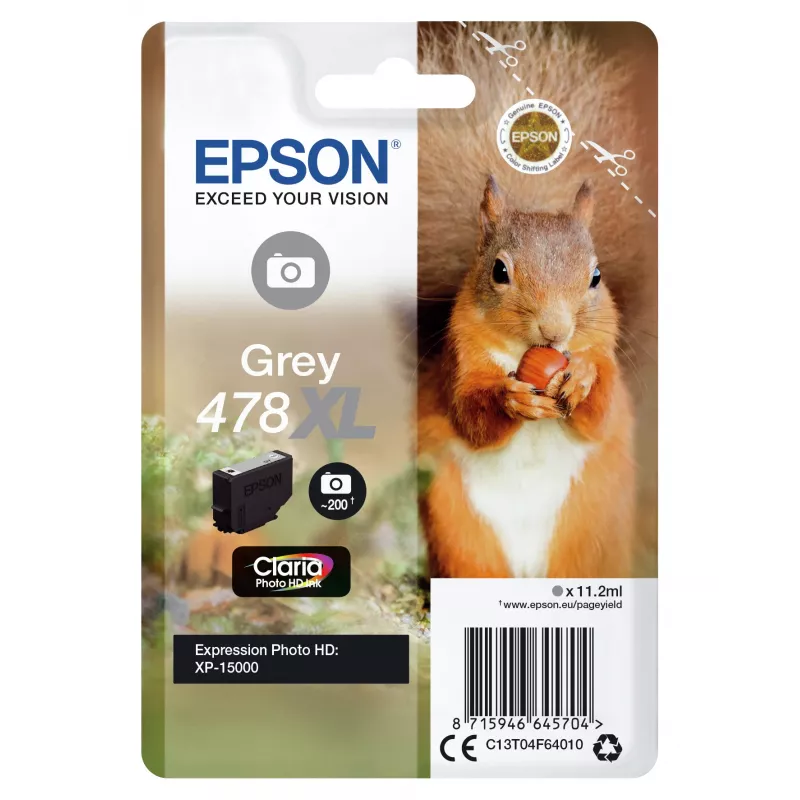 Epson 478XL Claria Photo HD kasetė, pilka, didelės talpos (XL), 11,2 ml, 200 puslapių