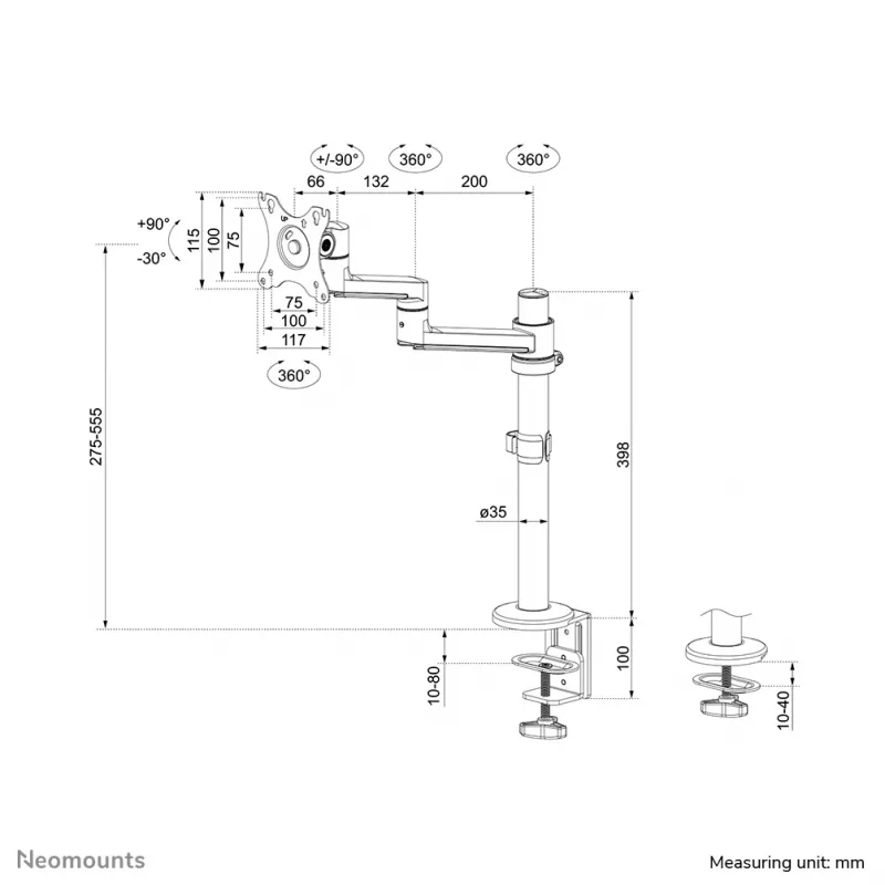 Neomounts DS60-425WH1 Monitoriaus ranka 17-27 colių - vietą taupanti, spaustuvas/įvorė, 8 kg, 43,2 cm (17 col.), 68,6 cm (27 col.), 100 x 100 mm, balta