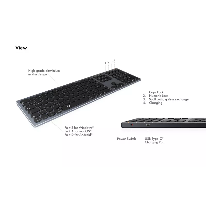 KeySonic KSK-8023BTRF (DE) klaviatūra, belaidė, Bluetooth, QWERTZ, vokiškas išdėstymas, anglies pilka, juoda