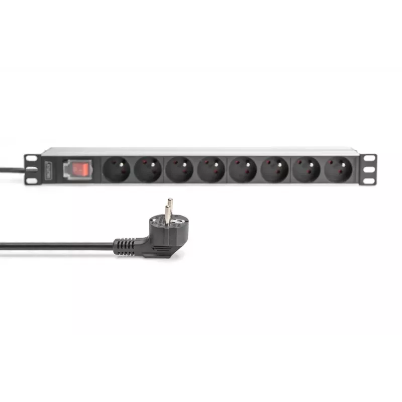 DIGITUS 1U aliumininis PDU, montuojamas į stelažą, 8x CEE 7/5 kištukiniai lizdai, 16A, 4000W, 250VAC 50/60Hz
