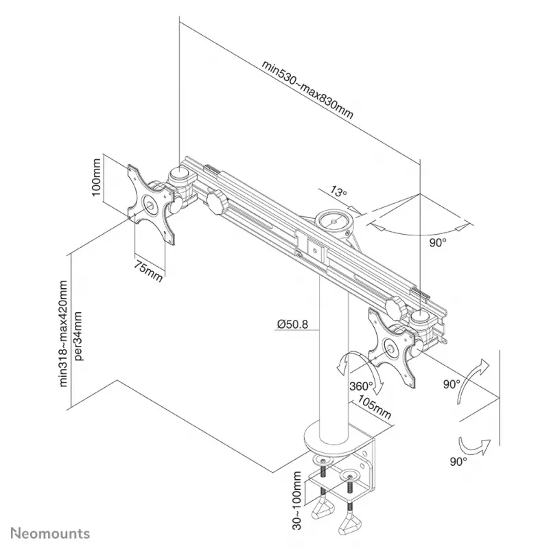 Neomounts FPMA-D700D Monitor laikiklis 19-30 inch, Gnybtas, 8 kg, 48.3 cm (19 inch), 76.2 cm (30 inch), 100 x 100 mm, Juodas