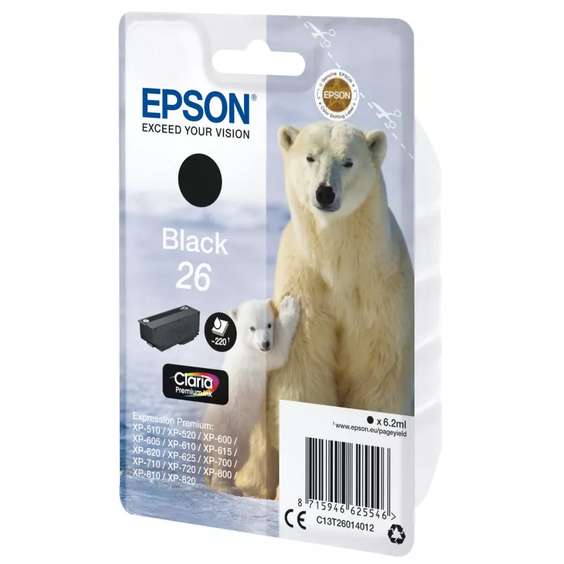 Kasetė Epson 26 Claria Premium, juoda, standartinė talpa, pigmentinis rašalas, 6,2 ml, 220 puslapių