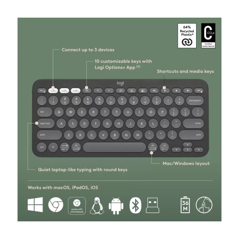 LOGITECH Pebble 2 Combo Tonal Graphite Qwerty US belaidė klaviatūra ir pelė