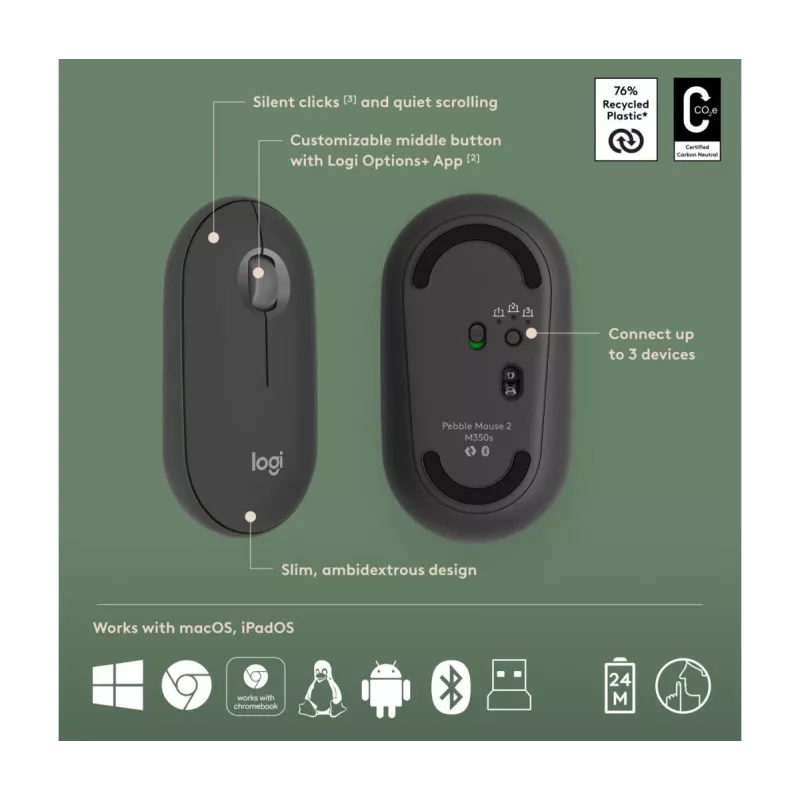 LOGITECH Pebble 2 Combo Tonal Graphite Qwerty US belaidė klaviatūra ir pelė