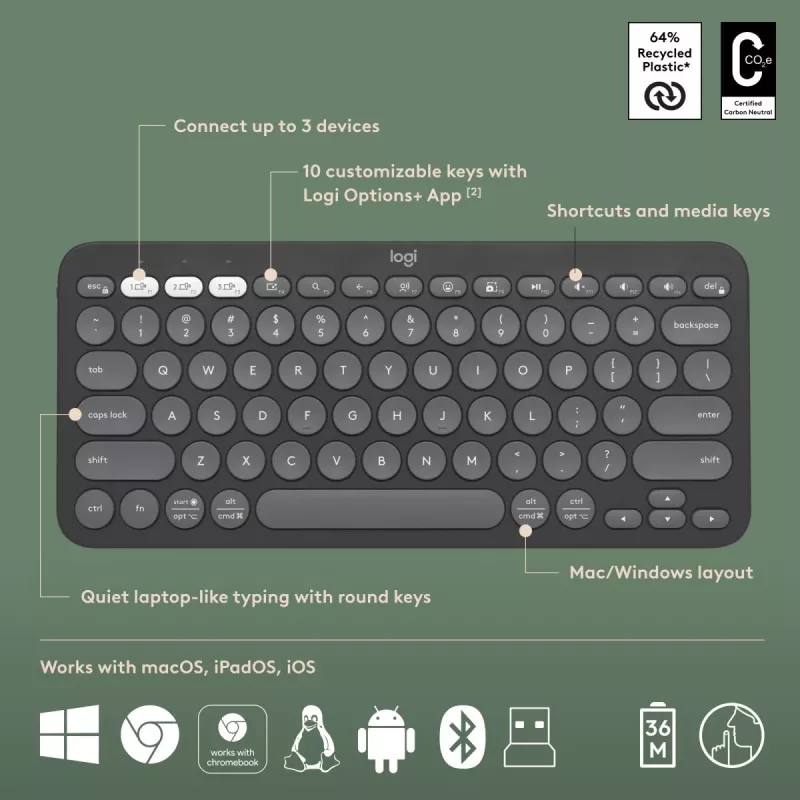 LOGITECH Pebble 2 Combo Tonal Graphite Qwerty US belaidė klaviatūra ir pelė