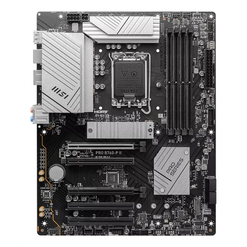 Pagrindinė plokštė MSI PRO B760-P II ATX – Intel B760, LGA 1700, DDR5, 4x DIMM, 256 GB, 2.5Gb LAN, HDMI 2.1, 2x M.2