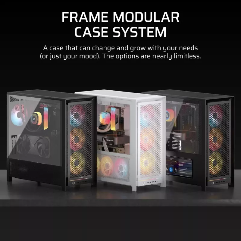 PC korpusas CORSAIR FRAME 5000D RS ARGB Midi Tower juodas — ATX, palaiko 3x140mm priekinius ventiliatorius, 2.5/3.5 colio diskus